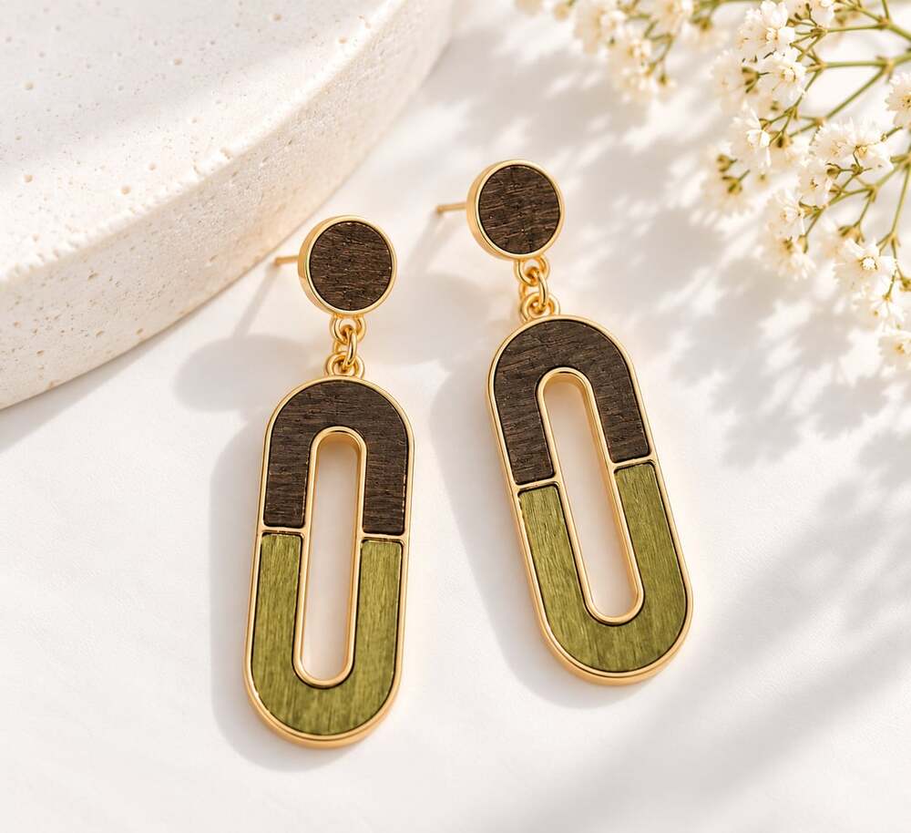 Brown Olive Geometric Drop Earrings Gold Tone Bohemian Statement Earrings